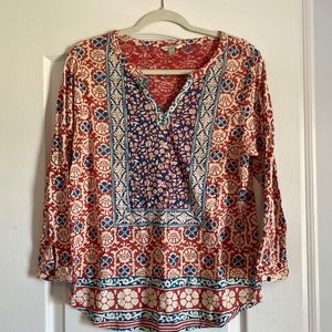 Lucky Brand 3/4 Sleeve Print top. Size large. Brick and blue print.